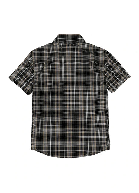 Back view of kids black plaid short sleeve shirt