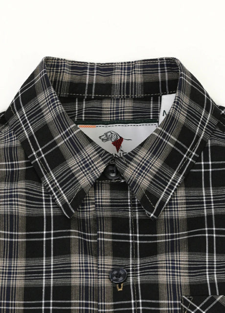 Kids black plaid short sleeve shirt with buttoned front closure detail