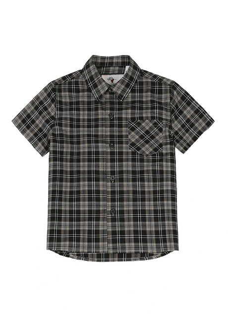 Front view of kids black plaid short sleeve shirt