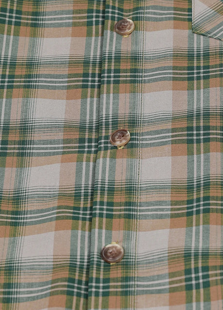 Close-up of kids plaid short sleeve shirt with buttons and stitching