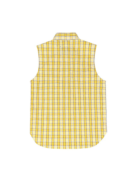 Back view of kid's lemon western snap plaid sleeveless vest