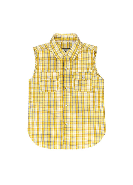 Front view of kid's lemon western snap plaid vest