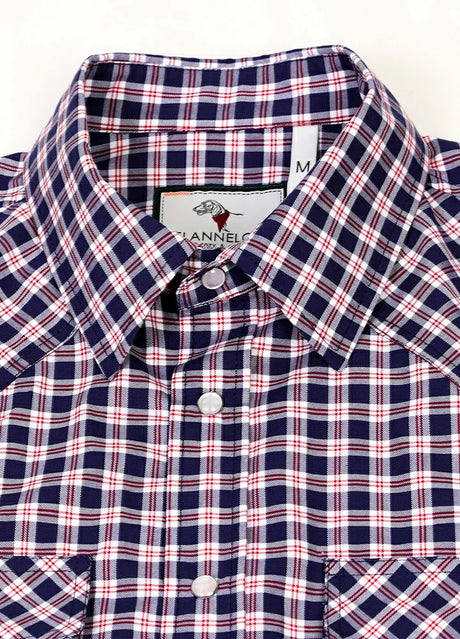 Detail of kids navyberry short-sleeve shirt with snap button front closure