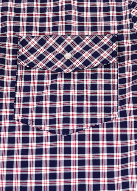 Close-up of pocket with button on kids navyberry short-sleeve shirt