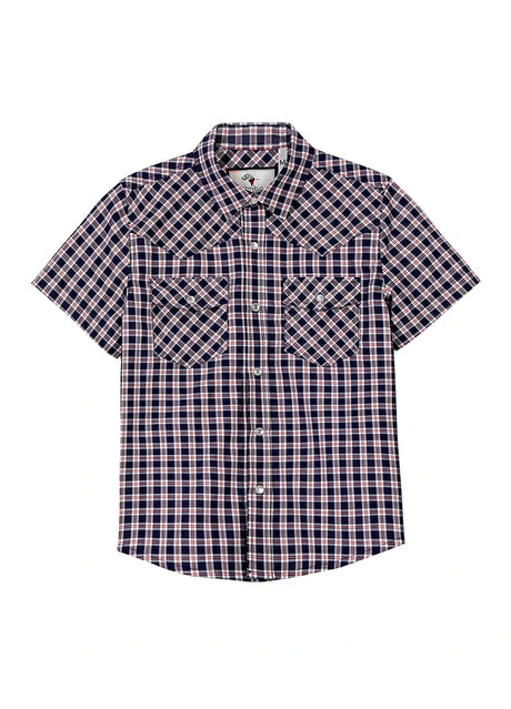 Front view of kids navyberry short-sleeve western shirt