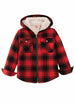 Front view of red black toddler plaid flannel shacket