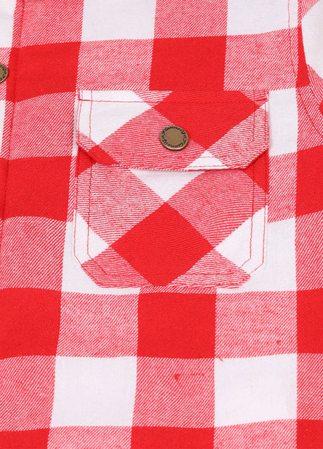 Close-up of kids crimson checkered flannel shirt jacket pocket with button