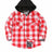 Front view of kids crimson checkered flannel shirt jacket buttoned