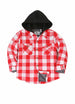 Front view of kids crimson checkered flannel shirt jacket buttoned