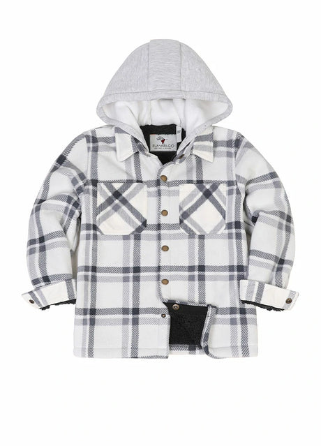 Front view of kids ice sherpa lined warm fleece plaid jacket