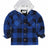 Front view of kids blue sherpa lined hooded plaid jacket