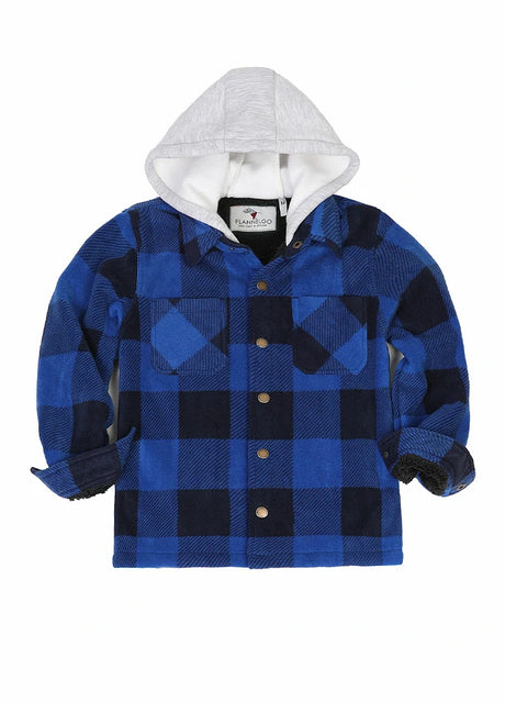 Front view of kids blue sherpa lined hooded plaid jacket