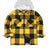 Front view of kids yellow black sherpa lined warm fleece plaid jacket