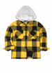 Front view of kids yellow black sherpa lined warm fleece plaid jacket