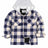 Front view of kids navy beige sherpa lined warm fleece plaid jacket