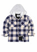 Front view of kids navy beige sherpa lined warm fleece plaid jacket