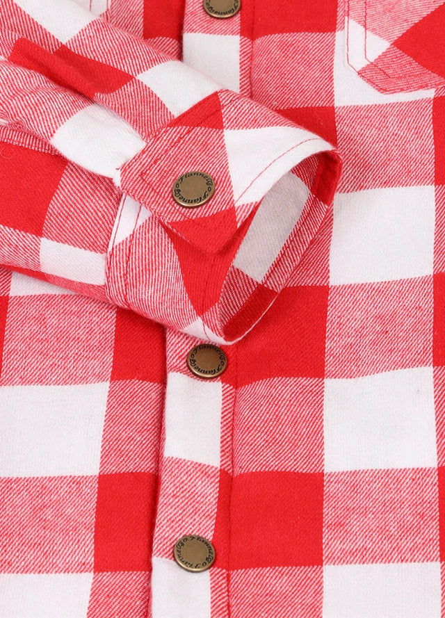 Detail of kids crimson checkered hooded flannel shirt jacket with cuffs