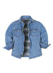 Front view of kids light blue flannel lined jean shacket 