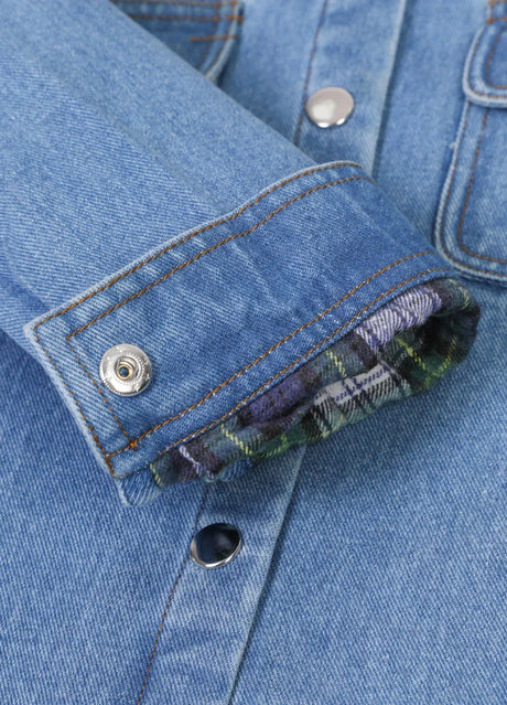 Detail of kids flannel jean shacket with snap button cuffs