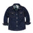 Front view of kids dark blue flannel lined jean shacket 