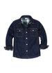 Front view of kids dark blue flannel lined jean shacket 