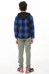 The back of a boy in a blue toddler full zip flannel hoodie