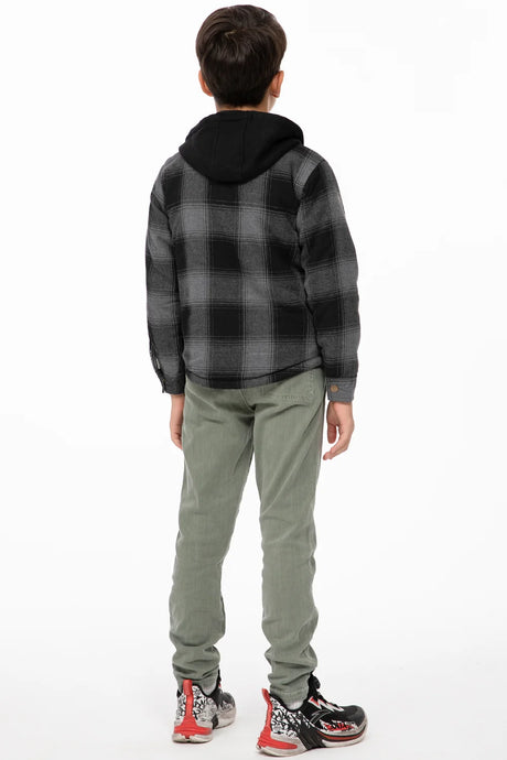 Back view of boy who waers a kids buffalo grey snap flannel jacket