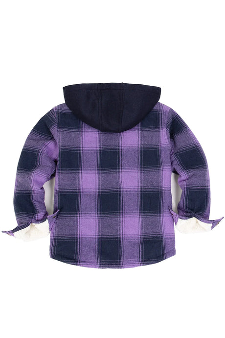 Back view of purple toddler sherpa lined snap flannel plaid hoodie