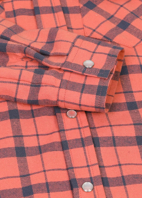 Zoomed-in view of watermelon red kid's long-sleeve western shirt with cuff