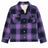 Front view of purple toddler sherpa lined snap flannel plaid shacket