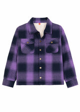 Front view of purple toddler sherpa lined snap flannel plaid shacket