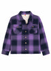 Front view of purple toddler sherpa lined snap flannel plaid shacket