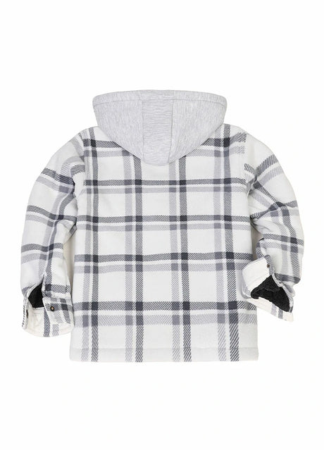 Back view of kids ice sherpa lined warm fleece plaid jacket