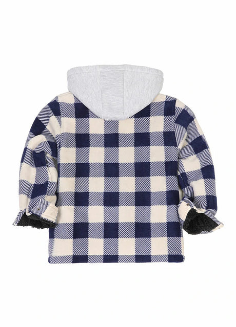 Back view of navy beige sherpa lined plaid jacket for kids