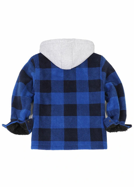 Back view of kids blue sherpa lined hooded plaid jacket