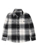 Front view of kids black white brushed plaid flannel shirt