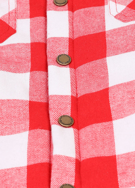 Close-up of kids crimson checkered hooded flannel shirt jacket with button