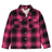 Front view of pink toddler sherpa lined snap flannel plaid shacket