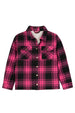 Front view of pink toddler sherpa lined snap flannel plaid shacket