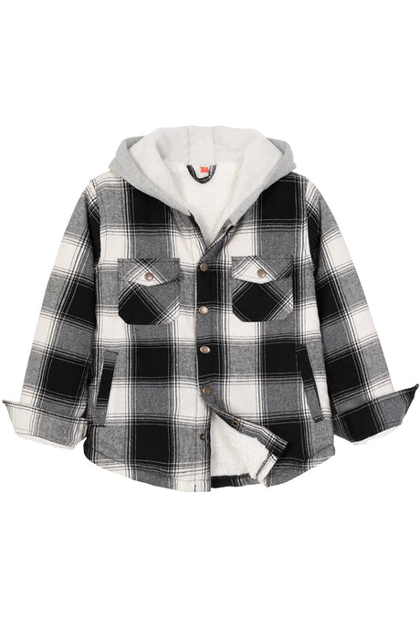 Front view of midnight black toddler sherpa lined snap flannel hoodie