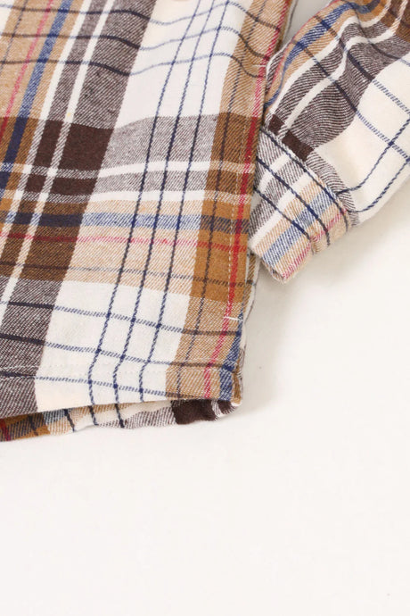 Close-up of girls khaki flannel jacket with side pocket