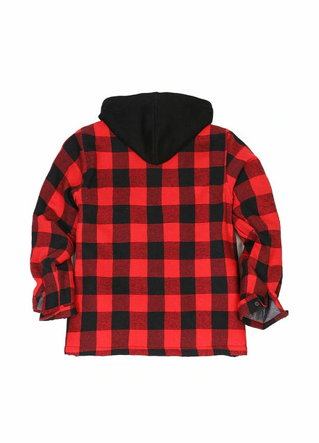 Back view of kid's red buffalo plaid quilted lined flannel jacket