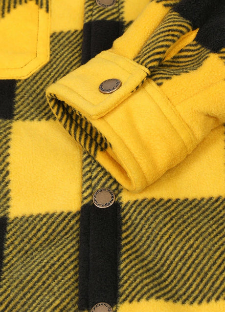 Detailed view of kids yellow black fleece plaid hooded jacket with cuffs