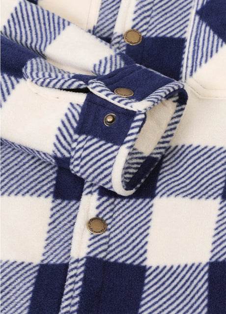 Detail of kids navy beige fleece plaid hooded jacket cuffs wieh button