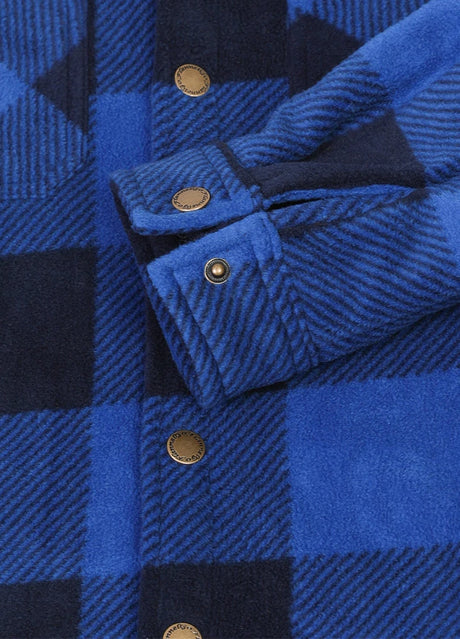 Detailed view of kids blue warm fleece plaid jacket cuffs with button