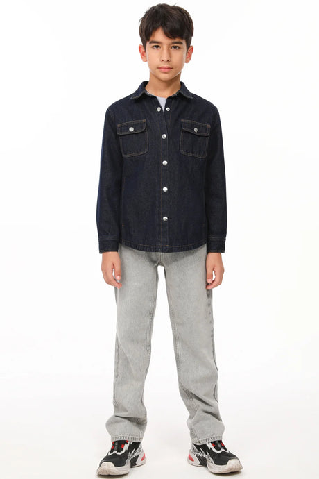 A boy in flannel lined jean shacket with snap front closure