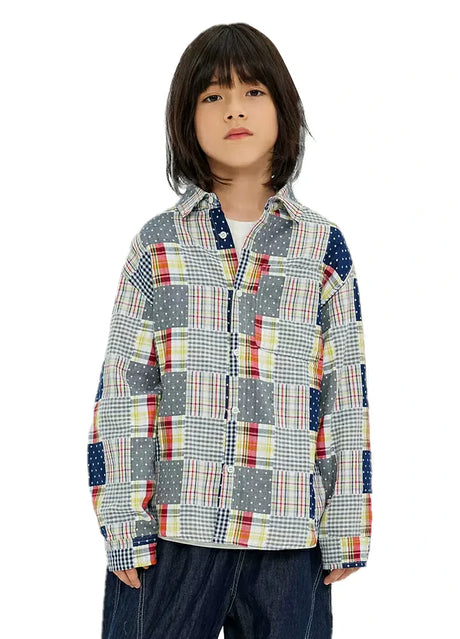 Boy in pathwork flannel shirt with front button-down 