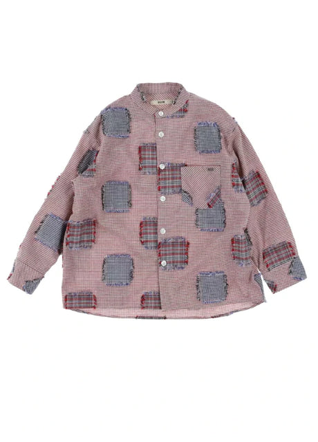 Front view of pink toddler patchwork long sleeve flannel shirt