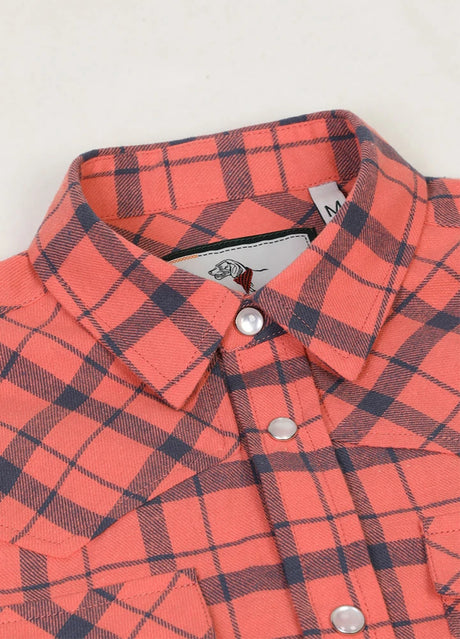 Detail of collar on kid's watermelon red long-sleeve western shirt