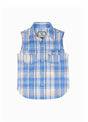 Front view of kid's ocean foam western snap plaid vest